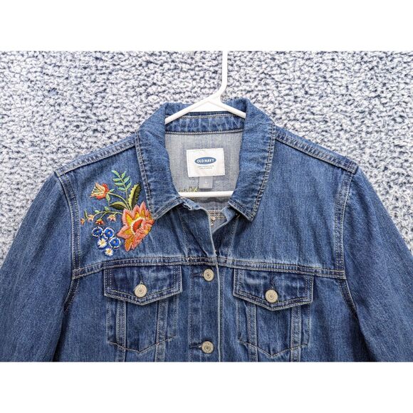 Old Navy Floral Embroidered Denim Jacket Size XL Button Up Trucker Jean Bohemian - Picture 4 of 14